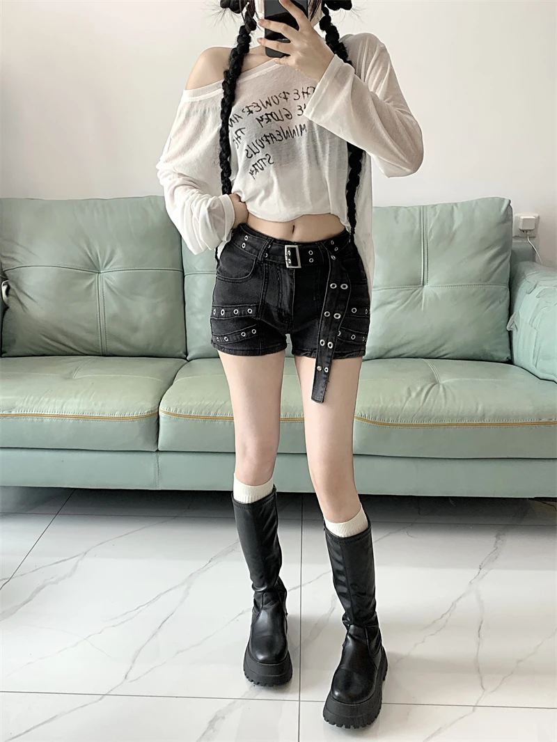 Women Black Gothic Denim Shorts Y2k Jeans Short Pants Harajuku Aesthetic Vintage Cowboy Shorts 2000s Trashy Clothes Summer 2024