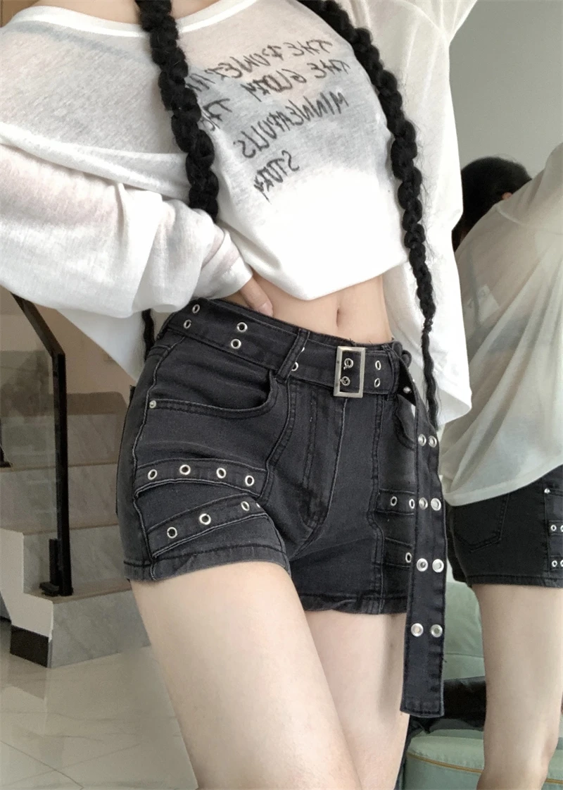Women Black Gothic Denim Shorts Y2k Jeans Short Pants Harajuku Aesthetic Vintage Cowboy Shorts 2000s Trashy Clothes Summer 2024