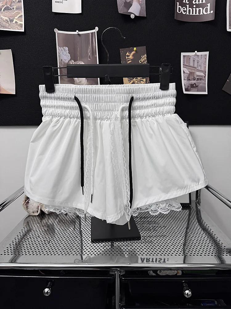 New Bottoms Korean Shorts Women High Waist Casual Patchwork Lace Wide Leg Shorts Bandage Chic Summer Pantalones Cortos De Mujer