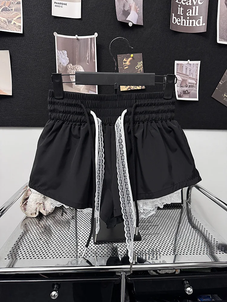 New Bottoms Korean Shorts Women High Waist Casual Patchwork Lace Wide Leg Shorts Bandage Chic Summer Pantalones Cortos De Mujer