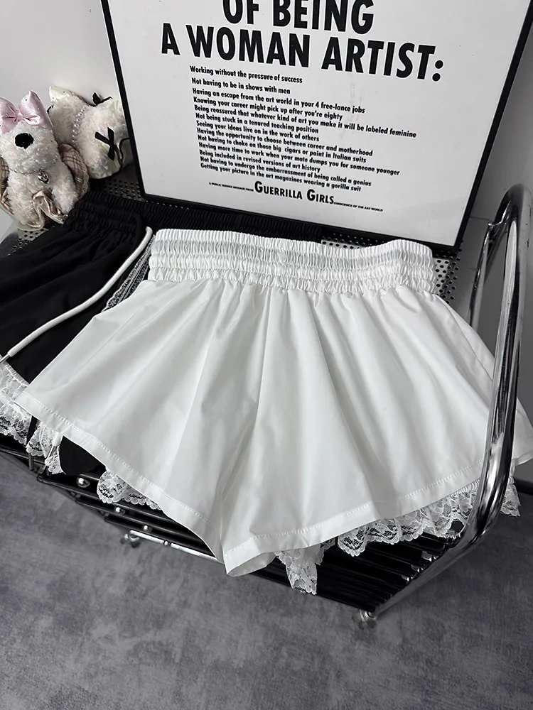 New Bottoms Korean Shorts Women High Waist Casual Patchwork Lace Wide Leg Shorts Bandage Chic Summer Pantalones Cortos De Mujer