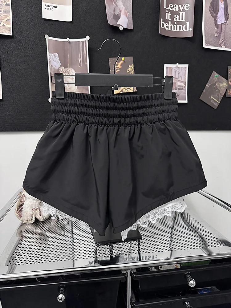 New Bottoms Korean Shorts Women High Waist Casual Patchwork Lace Wide Leg Shorts Bandage Chic Summer Pantalones Cortos De Mujer