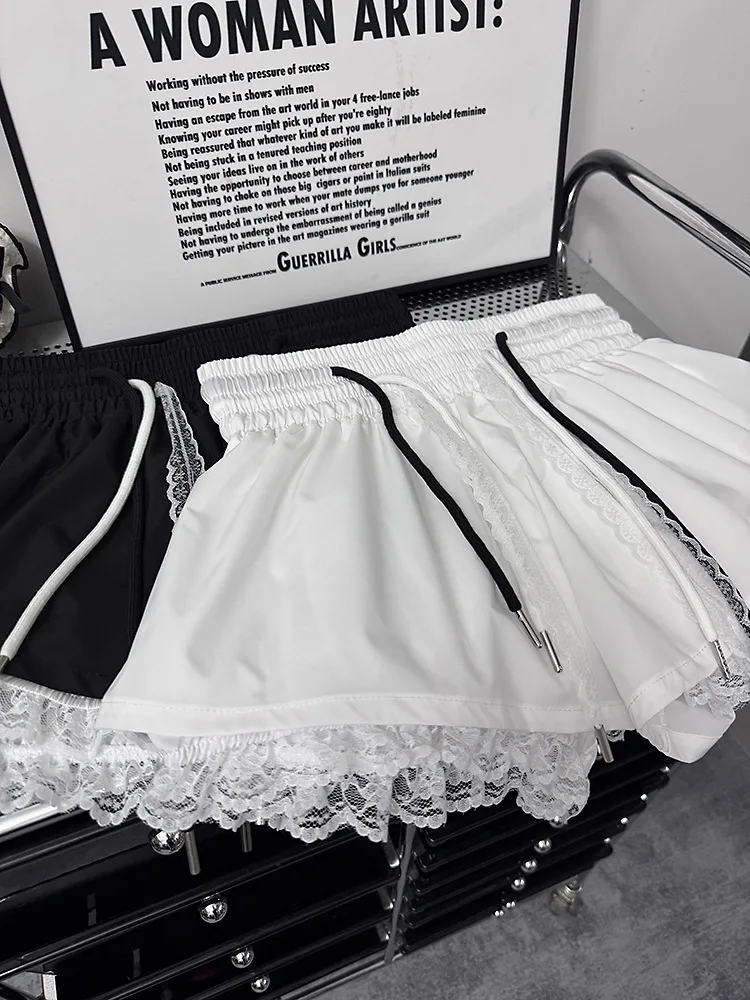 New Bottoms Korean Shorts Women High Waist Casual Patchwork Lace Wide Leg Shorts Bandage Chic Summer Pantalones Cortos De Mujer