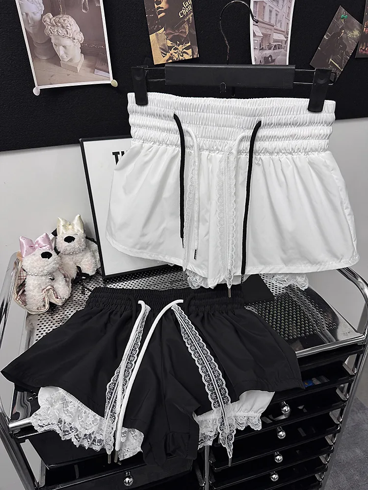 New Bottoms Korean Shorts Women High Waist Casual Patchwork Lace Wide Leg Shorts Bandage Chic Summer Pantalones Cortos De Mujer