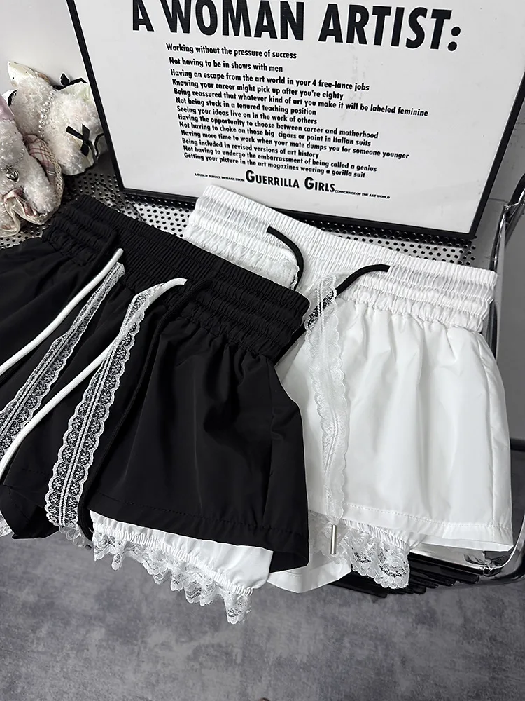 New Bottoms Korean Shorts Women High Waist Casual Patchwork Lace Wide Leg Shorts Bandage Chic Summer Pantalones Cortos De Mujer