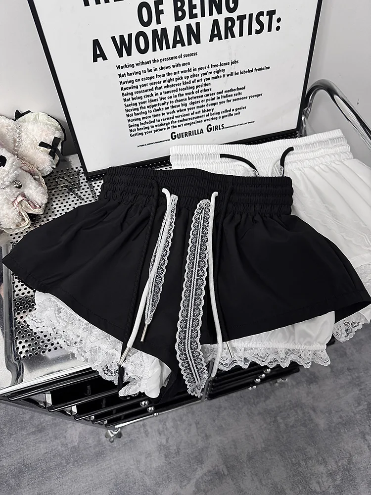 New Bottoms Korean Shorts Women High Waist Casual Patchwork Lace Wide Leg Shorts Bandage Chic Summer Pantalones Cortos De Mujer