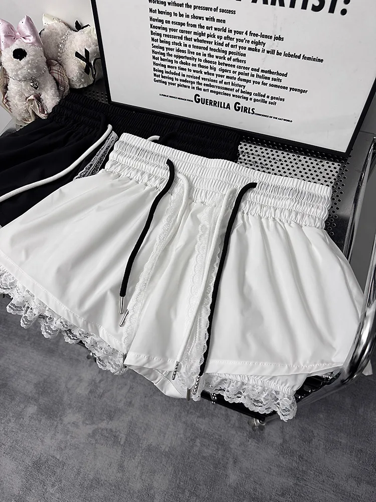 New Bottoms Korean Shorts Women High Waist Casual Patchwork Lace Wide Leg Shorts Bandage Chic Summer Pantalones Cortos De Mujer