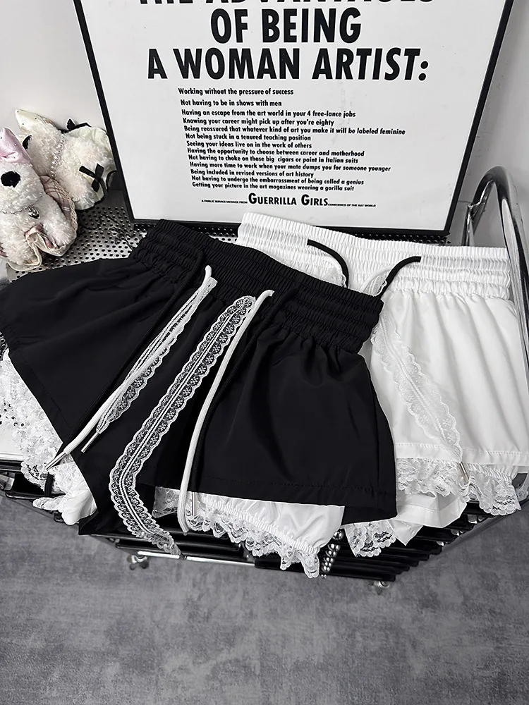 New Bottoms Korean Shorts Women High Waist Casual Patchwork Lace Wide Leg Shorts Bandage Chic Summer Pantalones Cortos De Mujer