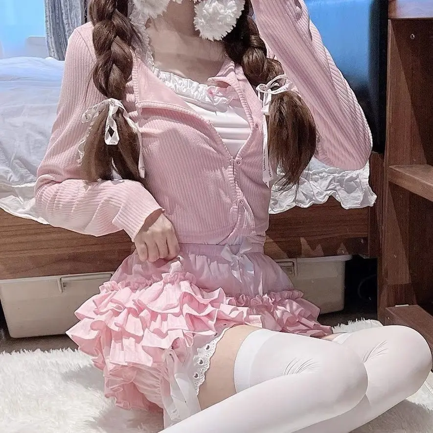 Kimotimo Pink Lolita Cake Mini Shorts Women 2025 Summer Elastic Waist Tierred Ruffle Spliced Lace Short Pants Sweet Y2k Clothes