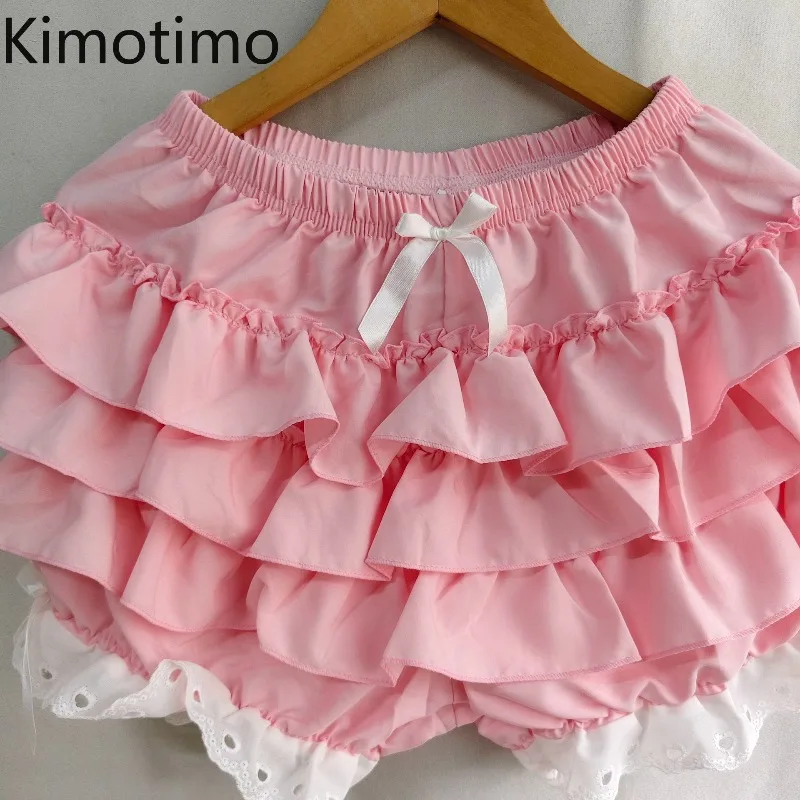 Kimotimo Pink Lolita Cake Mini Shorts Women 2025 Summer Elastic Waist Tierred Ruffle Spliced Lace Short Pants Sweet Y2k Clothes