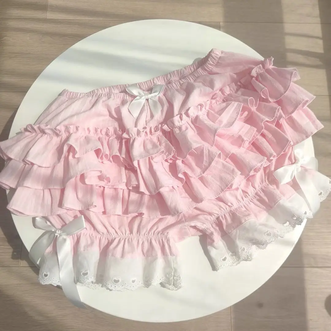 Kimotimo Pink Lolita Cake Mini Shorts Women 2025 Summer Elastic Waist Tierred Ruffle Spliced Lace Short Pants Sweet Y2k Clothes