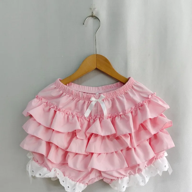 Kimotimo Pink Lolita Cake Mini Shorts Women 2025 Summer Elastic Waist Tierred Ruffle Spliced Lace Short Pants Sweet Y2k Clothes