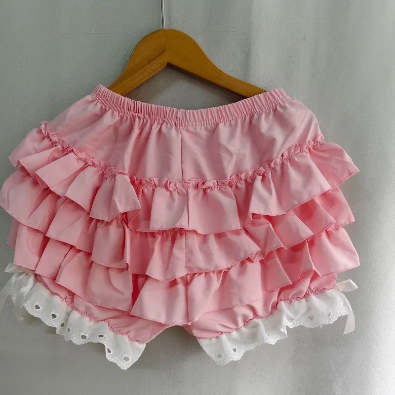 Kimotimo Pink Lolita Cake Mini Shorts Women 2025 Summer Elastic Waist Tierred Ruffle Spliced Lace Short Pants Sweet Y2k Clothes