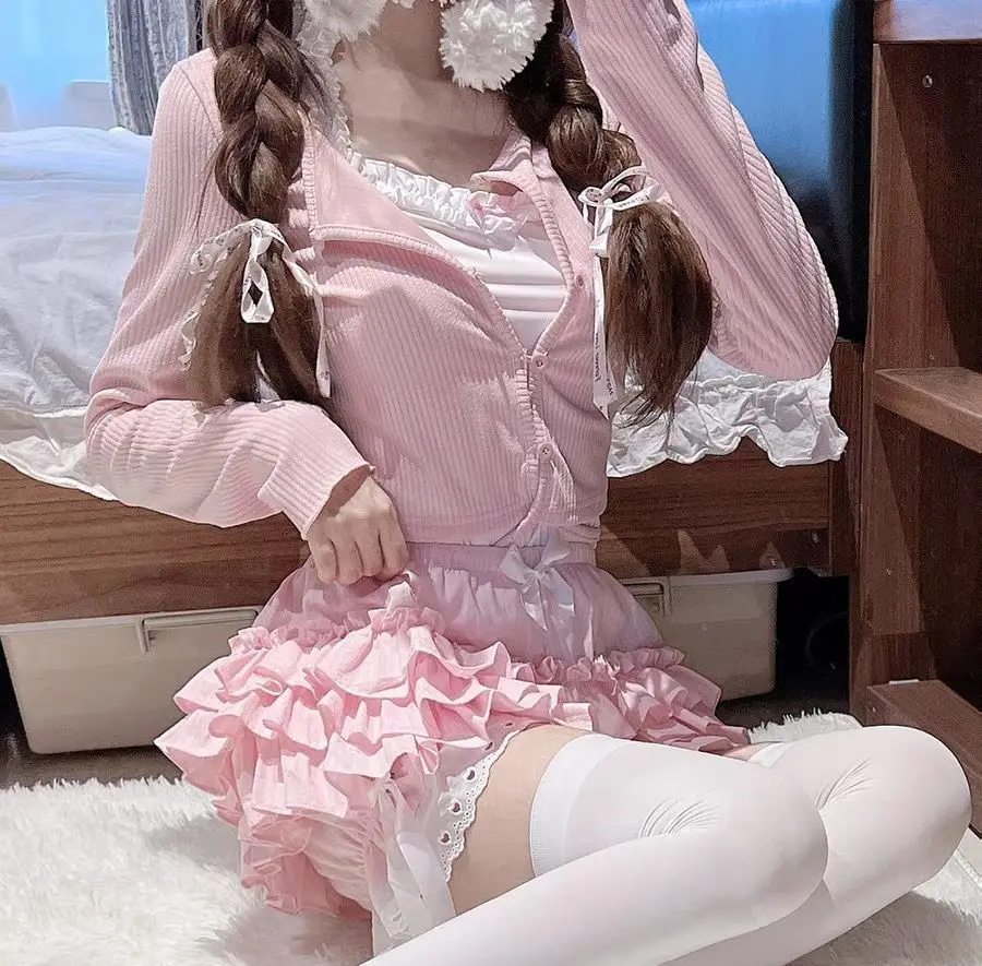 Kimotimo Pink Lolita Cake Mini Shorts Women 2025 Summer Elastic Waist Tierred Ruffle Spliced Lace Short Pants Sweet Y2k Clothes