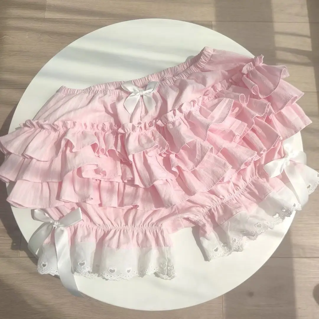Kimotimo Pink Lolita Cake Mini Shorts Women 2025 Summer Elastic Waist Tierred Ruffle Spliced Lace Short Pants Sweet Y2k Clothes