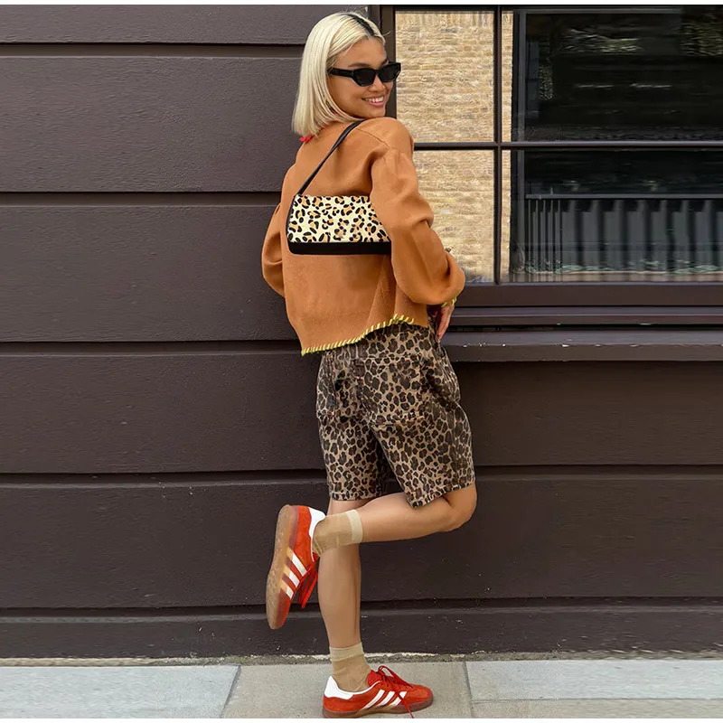 Fashion Leopard Printed Denim Shorts For Women 2025 Spring New Casual Zipper Mid Waist Short Jeans Y2K Lady Pockets Streetwear