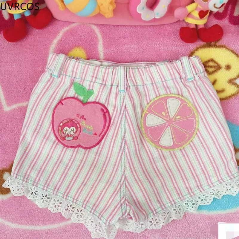 Japanese Sweet Lolita Style Shorts Women Kawaii Cartoon Bunny Embroidery Lace Patchwor Short Pants Y2k Stripe Shorts Ropa Mujer