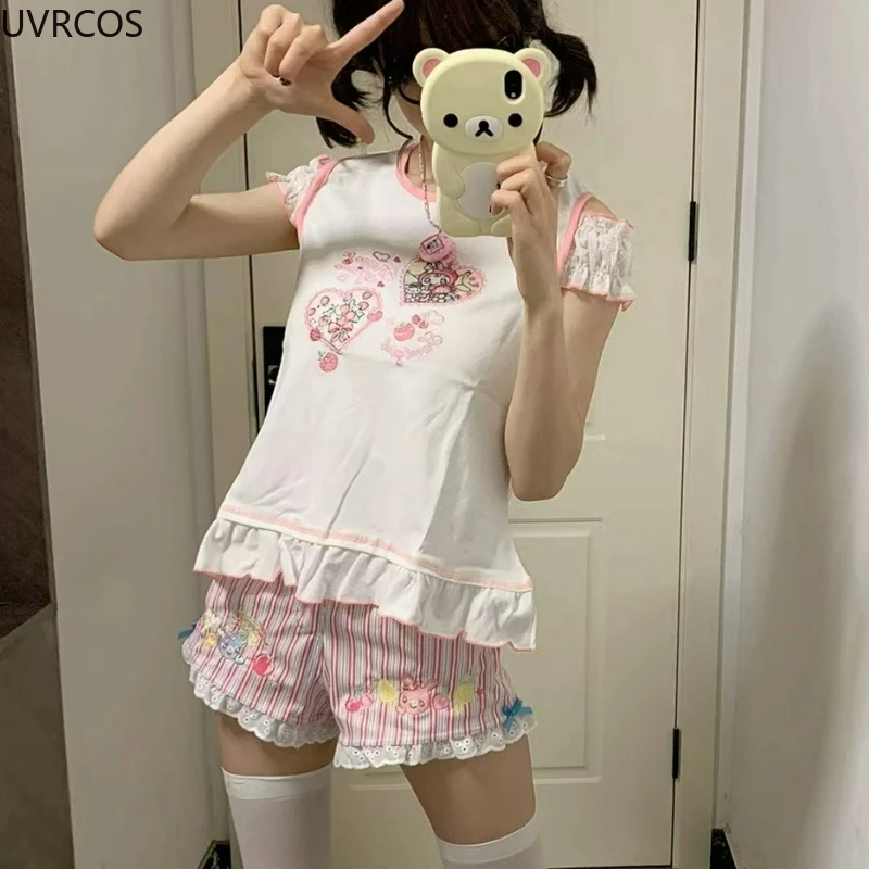 Japanese Sweet Lolita Style Shorts Women Kawaii Cartoon Bunny Embroidery Lace Patchwor Short Pants Y2k Stripe Shorts Ropa Mujer
