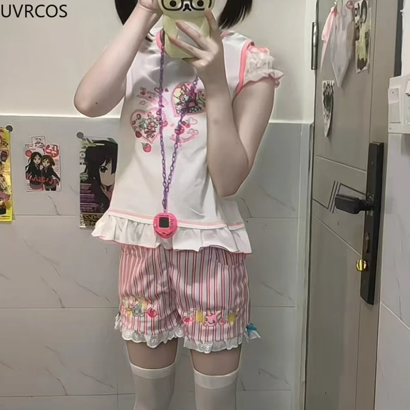 Japanese Sweet Lolita Style Shorts Women Kawaii Cartoon Bunny Embroidery Lace Patchwor Short Pants Y2k Stripe Shorts Ropa Mujer
