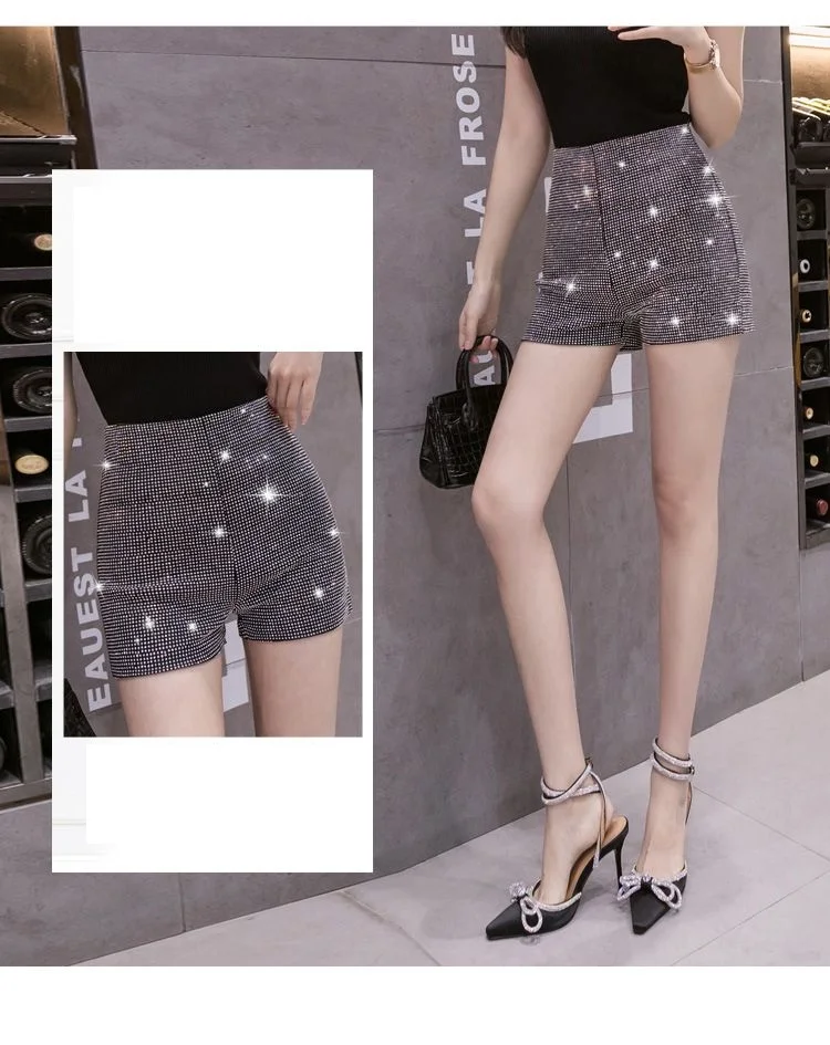 Black High Waist Elastic Shorts Women Streetwear Summer New Full Diamonds Shiny Casual Fashion Slim Female Bag Hip Hot Pants