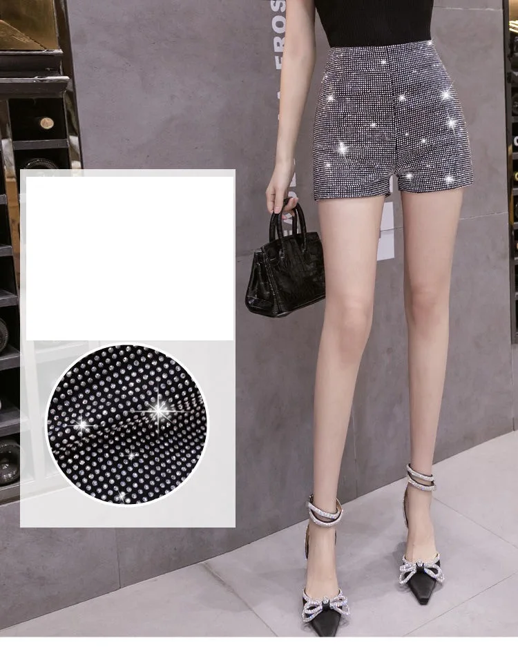 Black High Waist Elastic Shorts Women Streetwear Summer New Full Diamonds Shiny Casual Fashion Slim Female Bag Hip Hot Pants