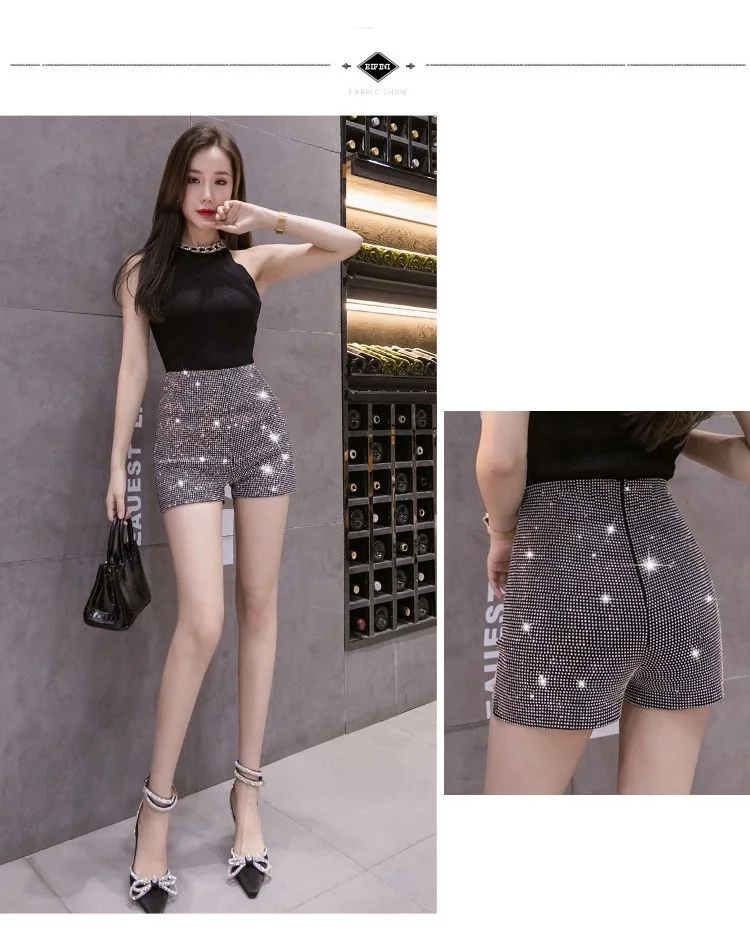 Black High Waist Elastic Shorts Women Streetwear Summer New Full Diamonds Shiny Casual Fashion Slim Female Bag Hip Hot Pants
