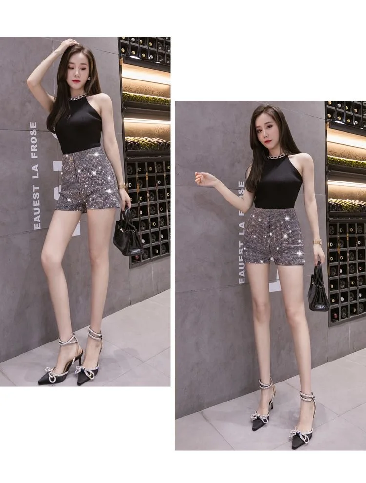 Black High Waist Elastic Shorts Women Streetwear Summer New Full Diamonds Shiny Casual Fashion Slim Female Bag Hip Hot Pants