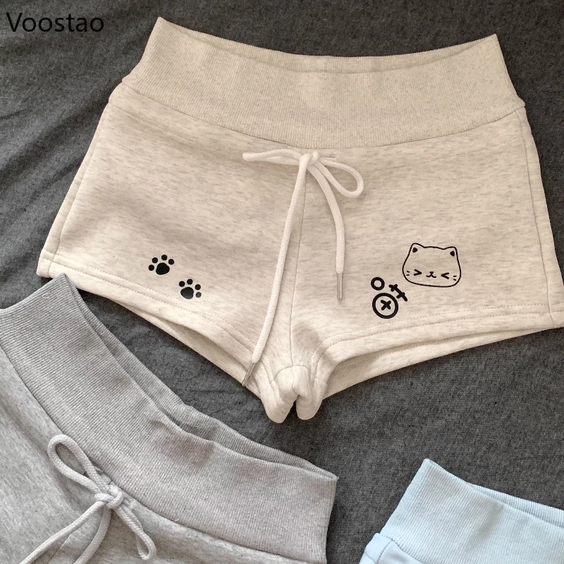 Japanese Sweet Cartoon Cat Print Lolita Shorts Women Kawaii Elastic Waist Casual Short Pants Y2k Aesthetic Cute Cotton Shorts