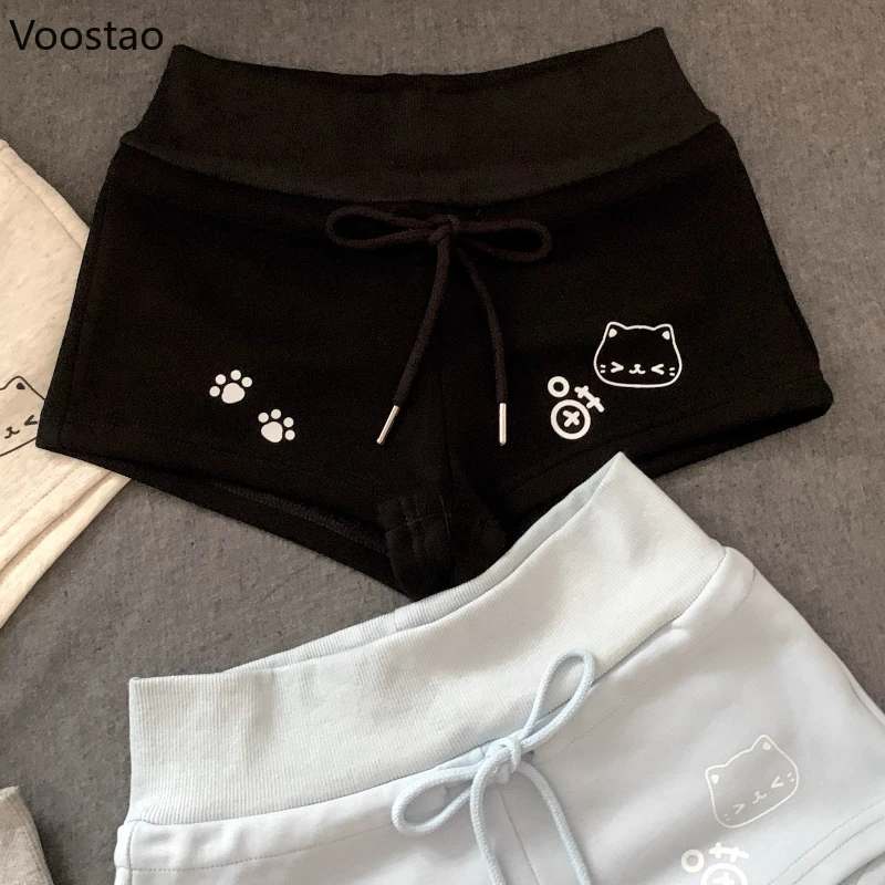 Japanese Sweet Cartoon Cat Print Lolita Shorts Women Kawaii Elastic Waist Casual Short Pants Y2k Aesthetic Cute Cotton Shorts