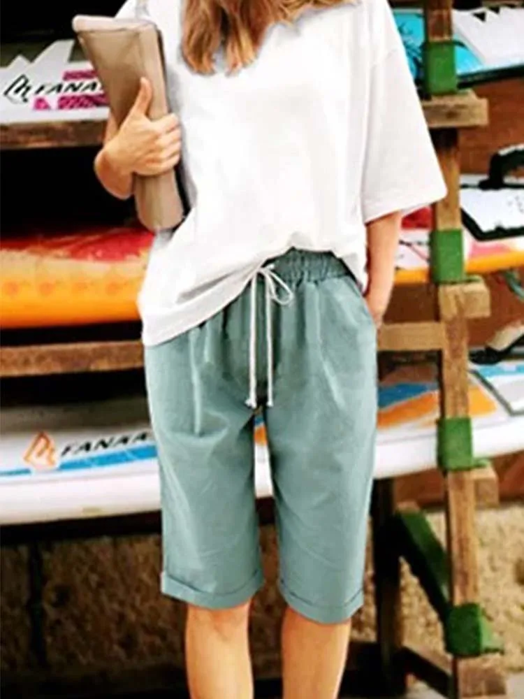 Women Cotton Shorts Casual High Waist Pocket Harem Pant Summer Cool Thin Beachwear Fashion Breathable Female Clothing