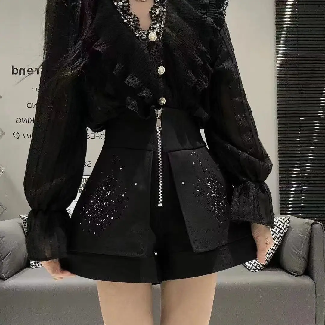 Heavy Industry Hot Diamond High Waist Slim Casual Shorts Suit A-line White Pantalones Cortos De Mujer Black Wide Leg Short Pants