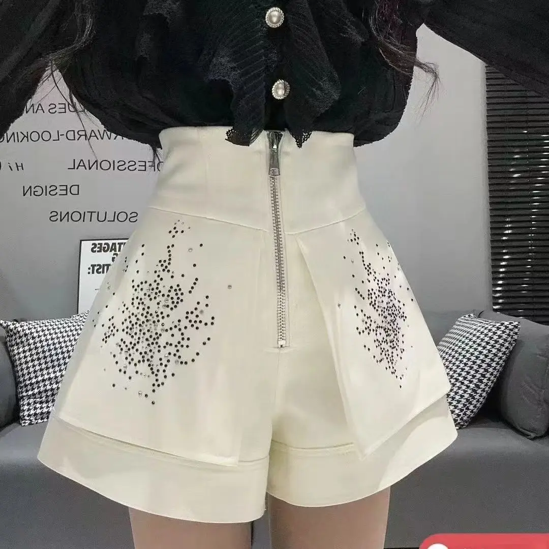 Heavy Industry Hot Diamond High Waist Slim Casual Shorts Suit A-line White Pantalones Cortos De Mujer Black Wide Leg Short Pants