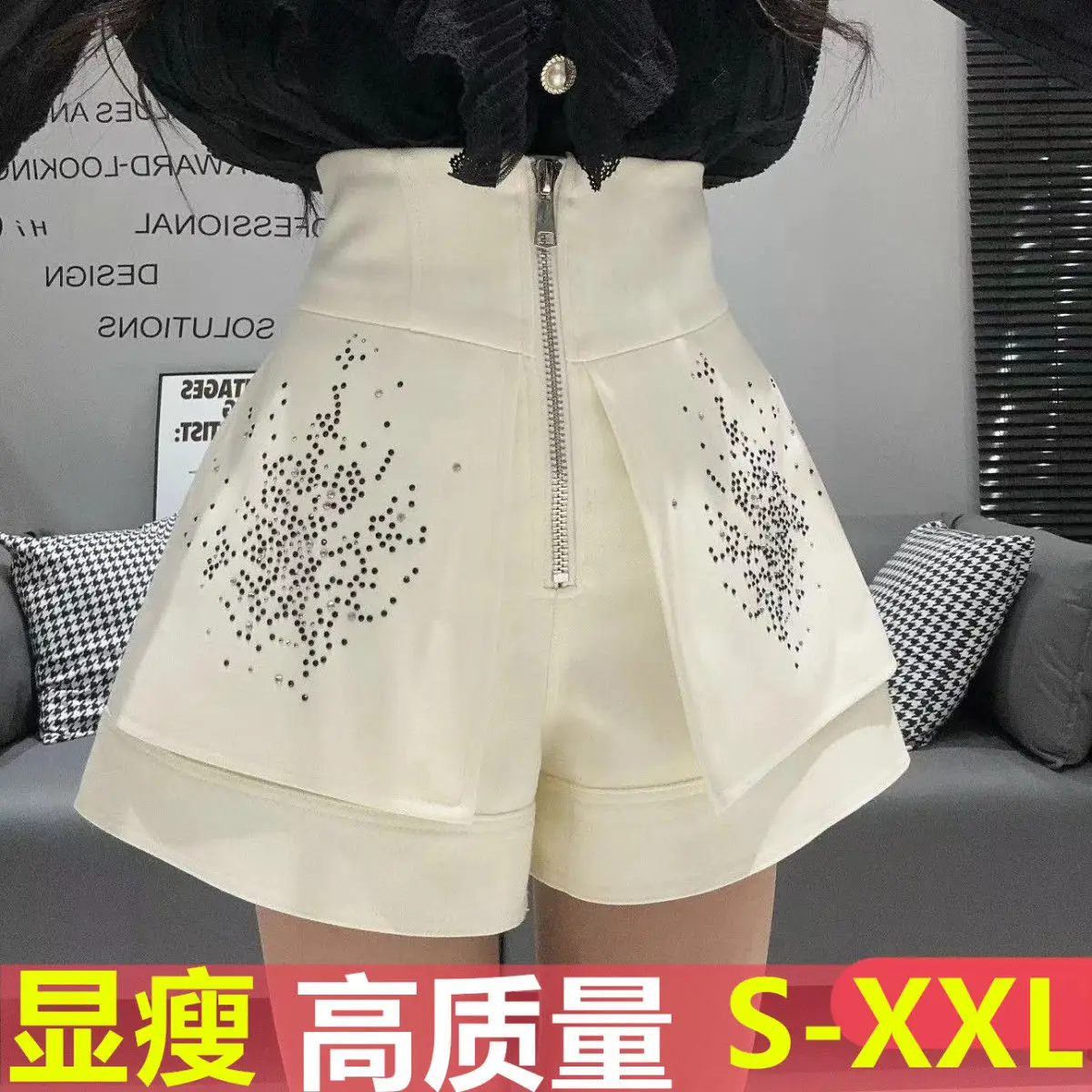 Heavy Industry Hot Diamond High Waist Slim Casual Shorts Suit A-line White Pantalones Cortos De Mujer Black Wide Leg Short Pants