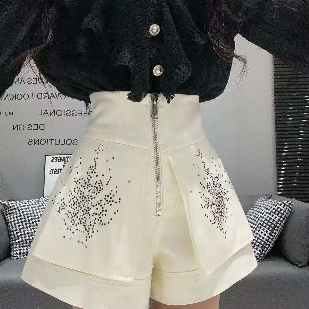 Heavy Industry Hot Diamond High Waist Slim Casual Shorts Suit A-line White Pantalones Cortos De Mujer Black Wide Leg Short Pants