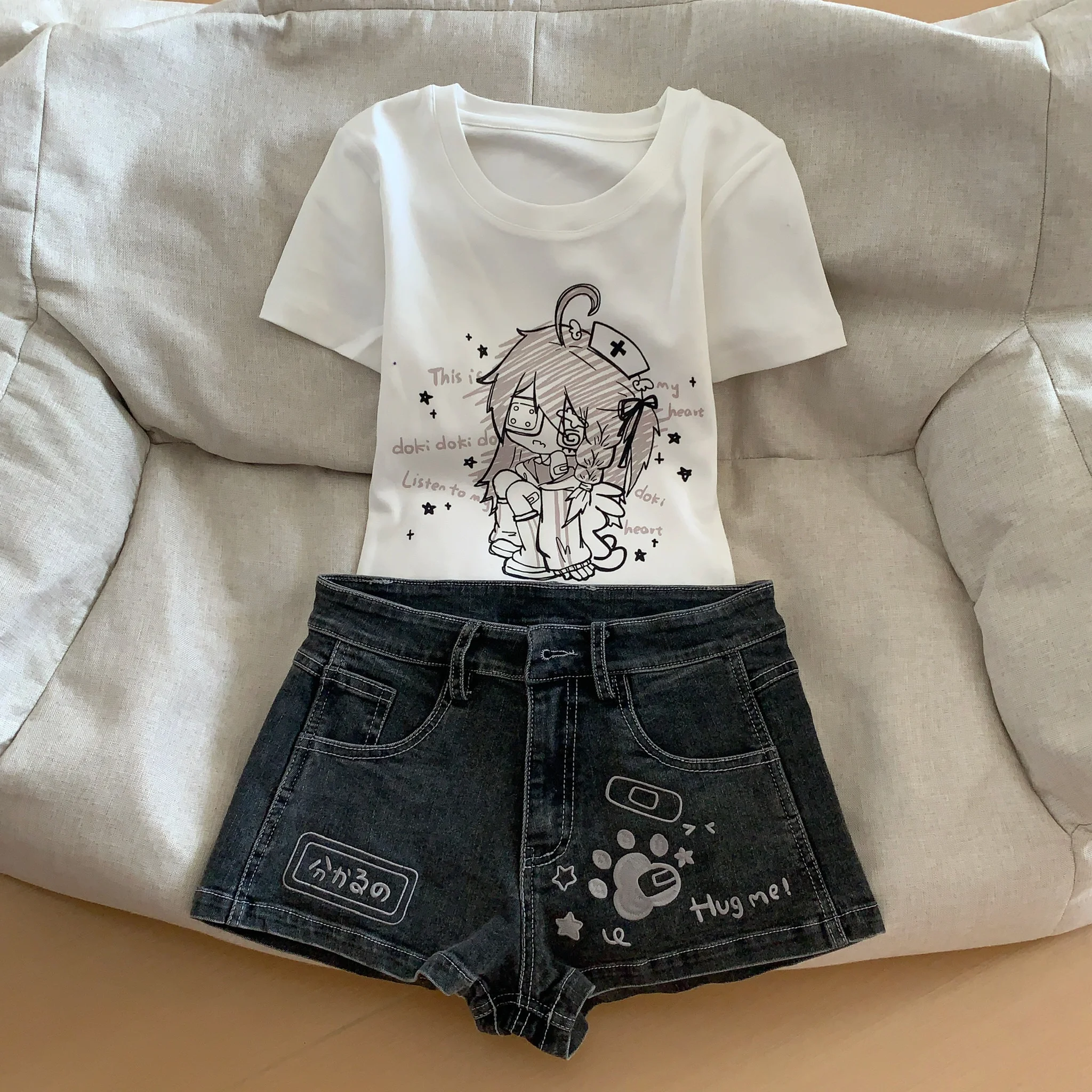 Subculture Spice Girl Y2K Denim Shorts Summer New Versatile Daily Casual Elastic Jean Shorts Cartoon Embroidered Kawaii Shorts