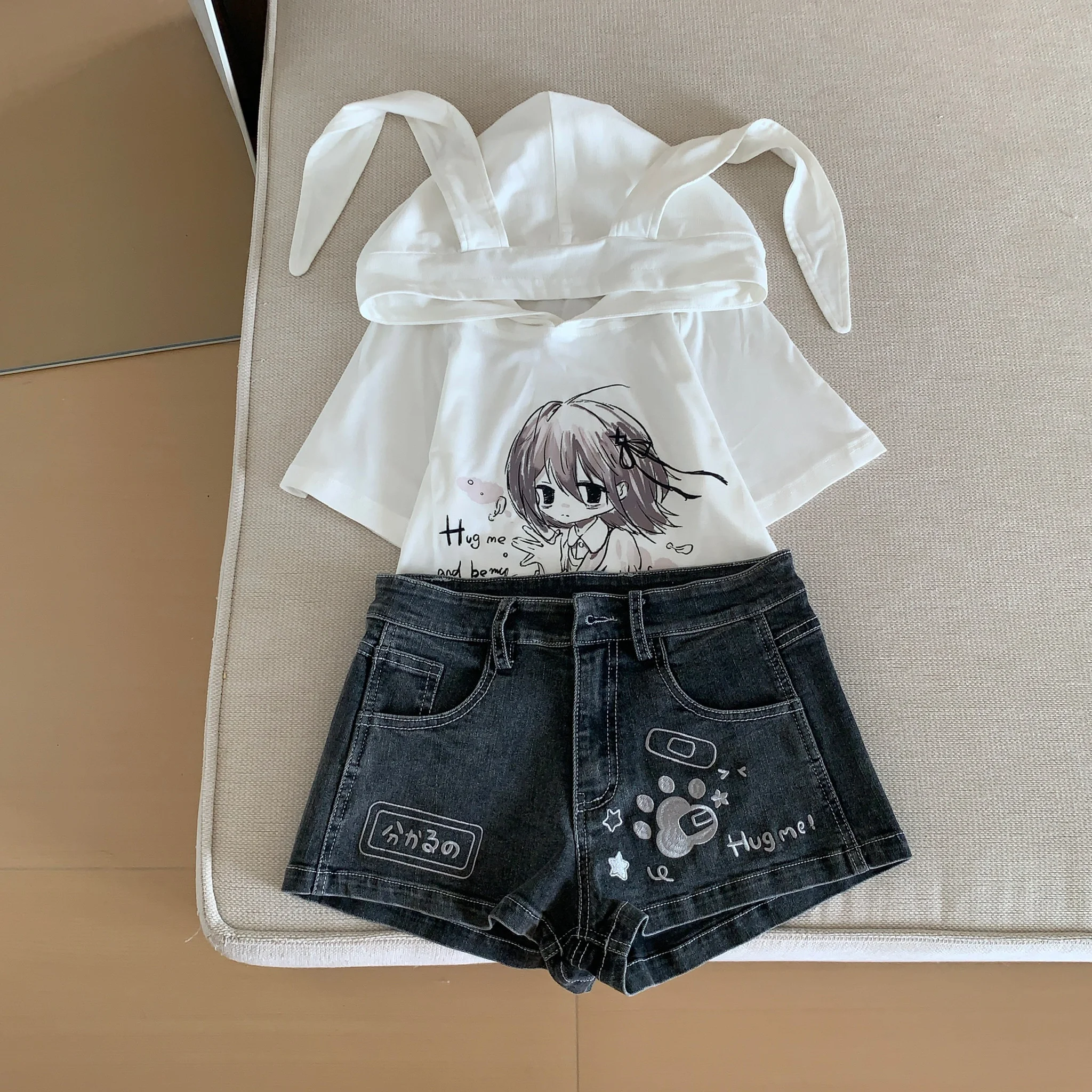 Subculture Spice Girl Y2K Denim Shorts Summer New Versatile Daily Casual Elastic Jean Shorts Cartoon Embroidered Kawaii Shorts