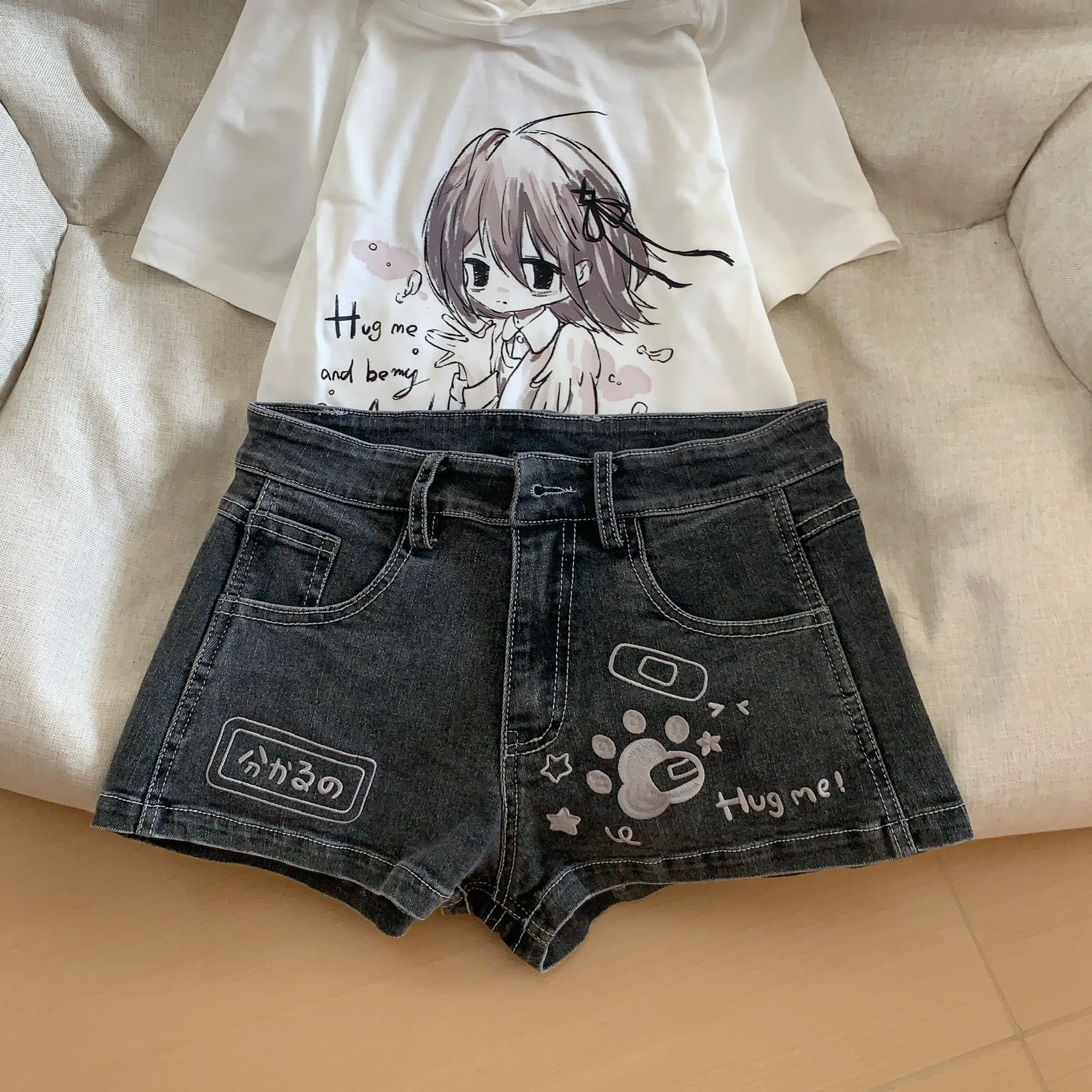 Subculture Spice Girl Y2K Denim Shorts Summer New Versatile Daily Casual Elastic Jean Shorts Cartoon Embroidered Kawaii Shorts