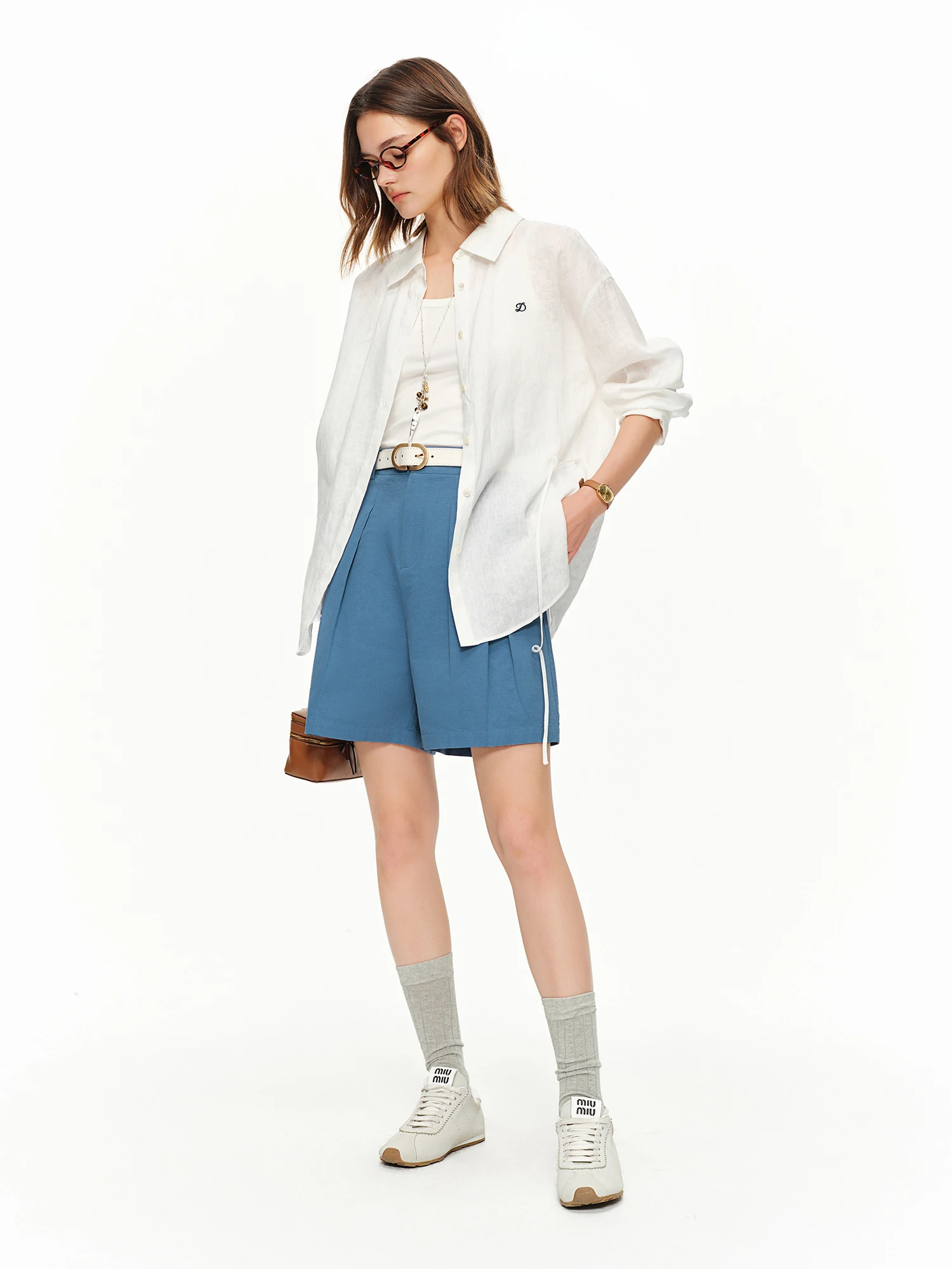 DUSHU High-waisted A-line Wide-leg Shorts White Cool Style Perfect for Summer 2026 Blue Simple Leisure Cotton Cozy Daily