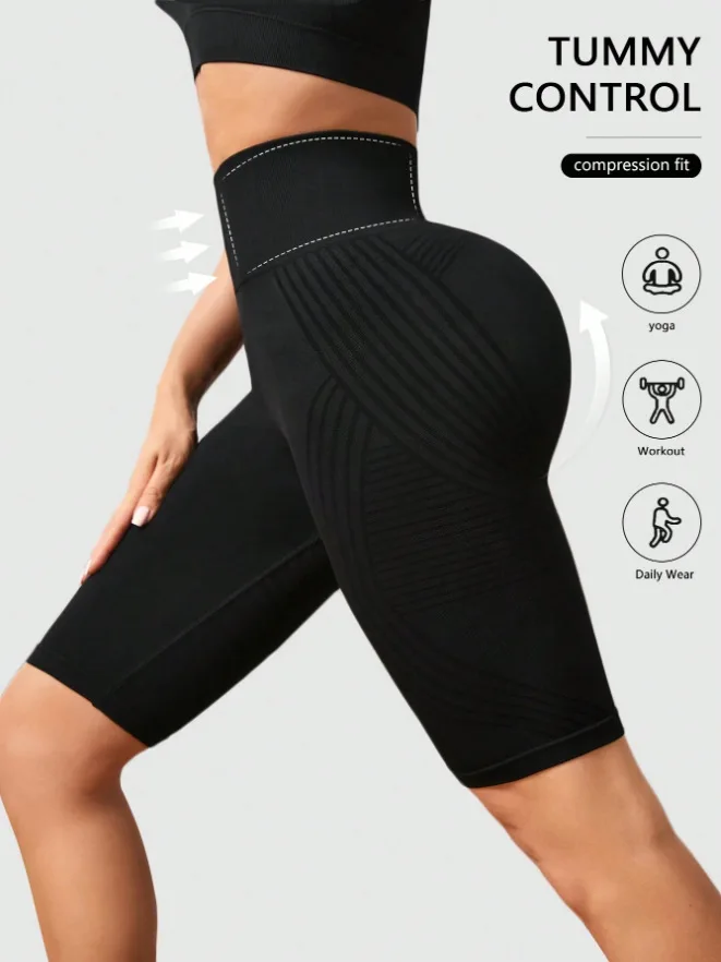 Women Knited Slim Shorts High Waist Seamless Yoga Shorts Workout Running Linear Aesthetic Leggings Stretchy Push Up Butt  Shorts