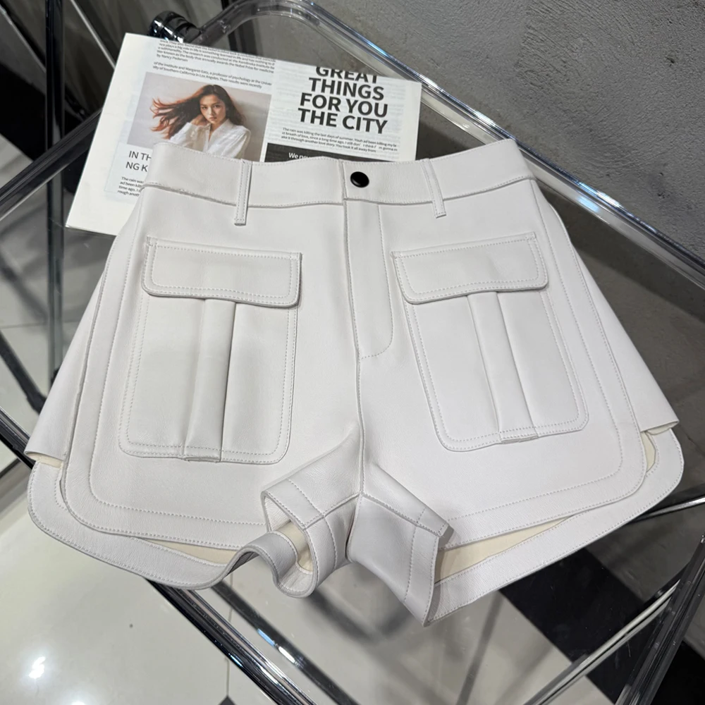 Genuine Leather Shorts Women Real Lambskin Pants Ladies Sheepskin Riding Shorts