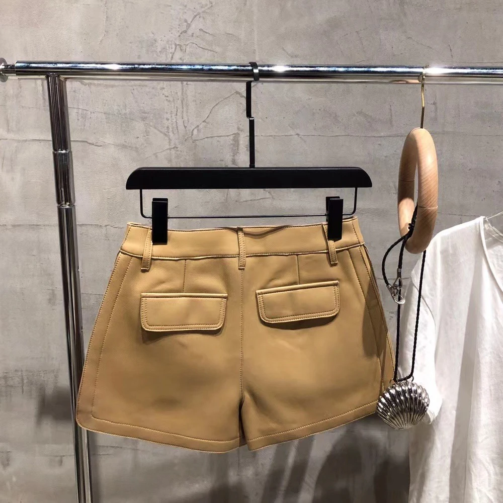 Genuine Leather Shorts Women Real Lambskin Pants Ladies Sheepskin Riding Shorts