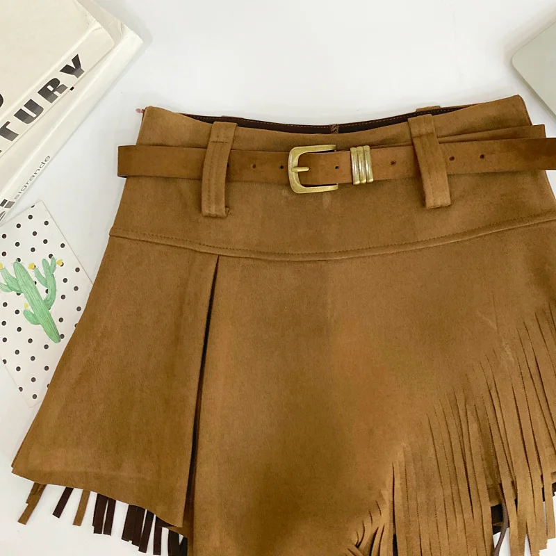 Autumn Winter Women's Faux Suede Shorts Skirts Retro High Waist Irregular Tassel Short Pants Side Zipper Anti-glare Boot Shorts