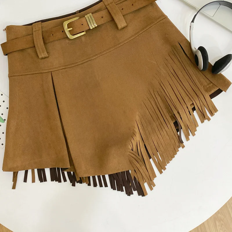 Autumn Winter Women's Faux Suede Shorts Skirts Retro High Waist Irregular Tassel Short Pants Side Zipper Anti-glare Boot Shorts