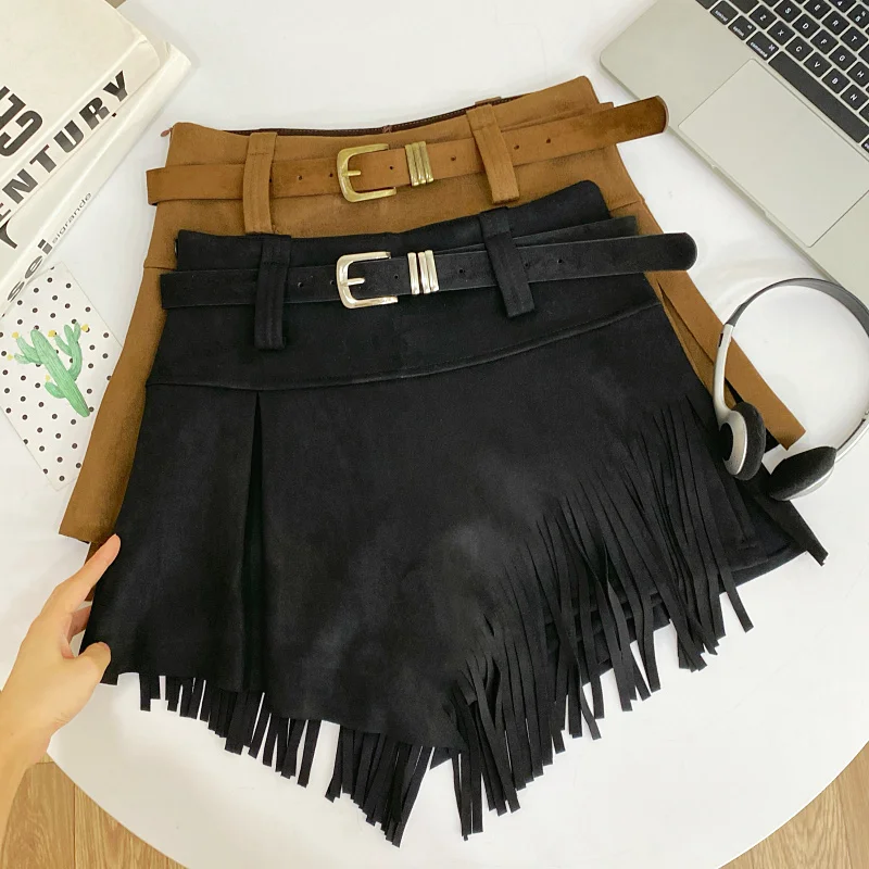 Autumn Winter Women's Faux Suede Shorts Skirts Retro High Waist Irregular Tassel Short Pants Side Zipper Anti-glare Boot Shorts