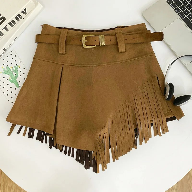 Autumn Winter Women's Faux Suede Shorts Skirts Retro High Waist Irregular Tassel Short Pants Side Zipper Anti-glare Boot Shorts