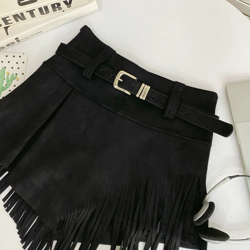 Autumn Winter Women's Faux Suede Shorts Skirts Retro High Waist Irregular Tassel Short Pants Side Zipper Anti-glare Boot Shorts