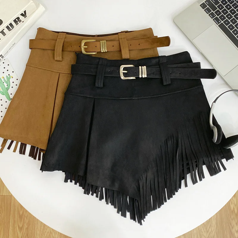 Autumn Winter Women's Faux Suede Shorts Skirts Retro High Waist Irregular Tassel Short Pants Side Zipper Anti-glare Boot Shorts
