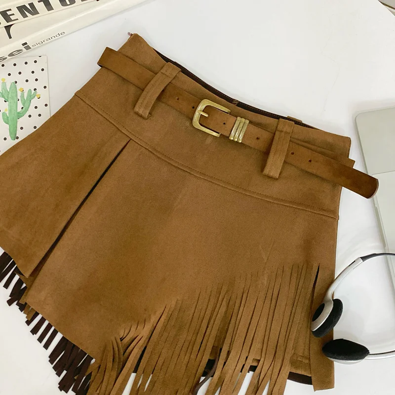 Autumn Winter Women's Faux Suede Shorts Skirts Retro High Waist Irregular Tassel Short Pants Side Zipper Anti-glare Boot Shorts