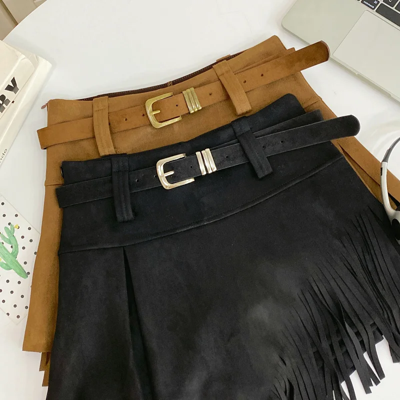 Autumn Winter Women's Faux Suede Shorts Skirts Retro High Waist Irregular Tassel Short Pants Side Zipper Anti-glare Boot Shorts