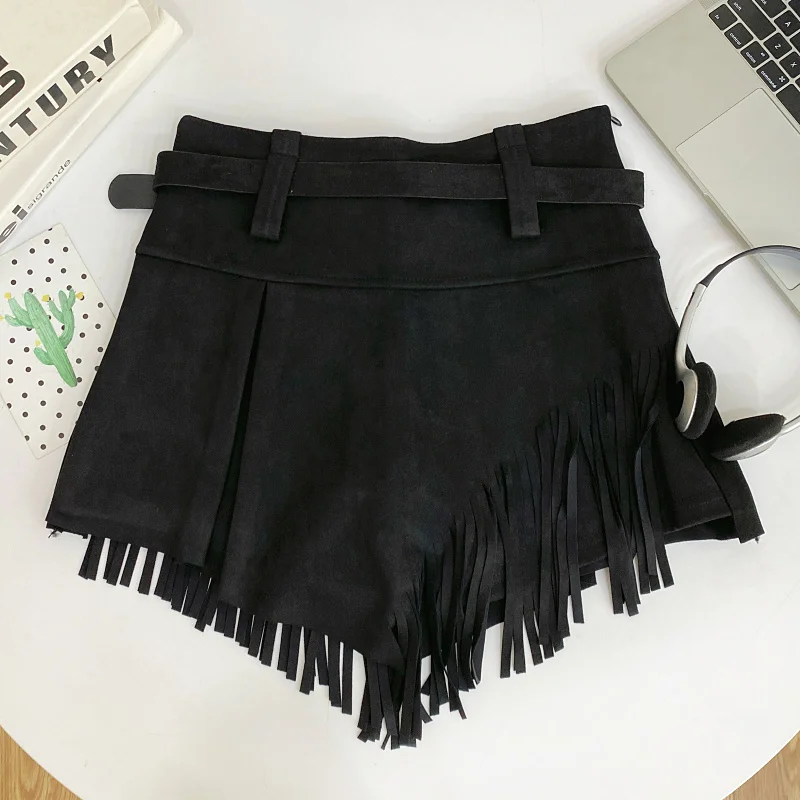 Autumn Winter Women's Faux Suede Shorts Skirts Retro High Waist Irregular Tassel Short Pants Side Zipper Anti-glare Boot Shorts